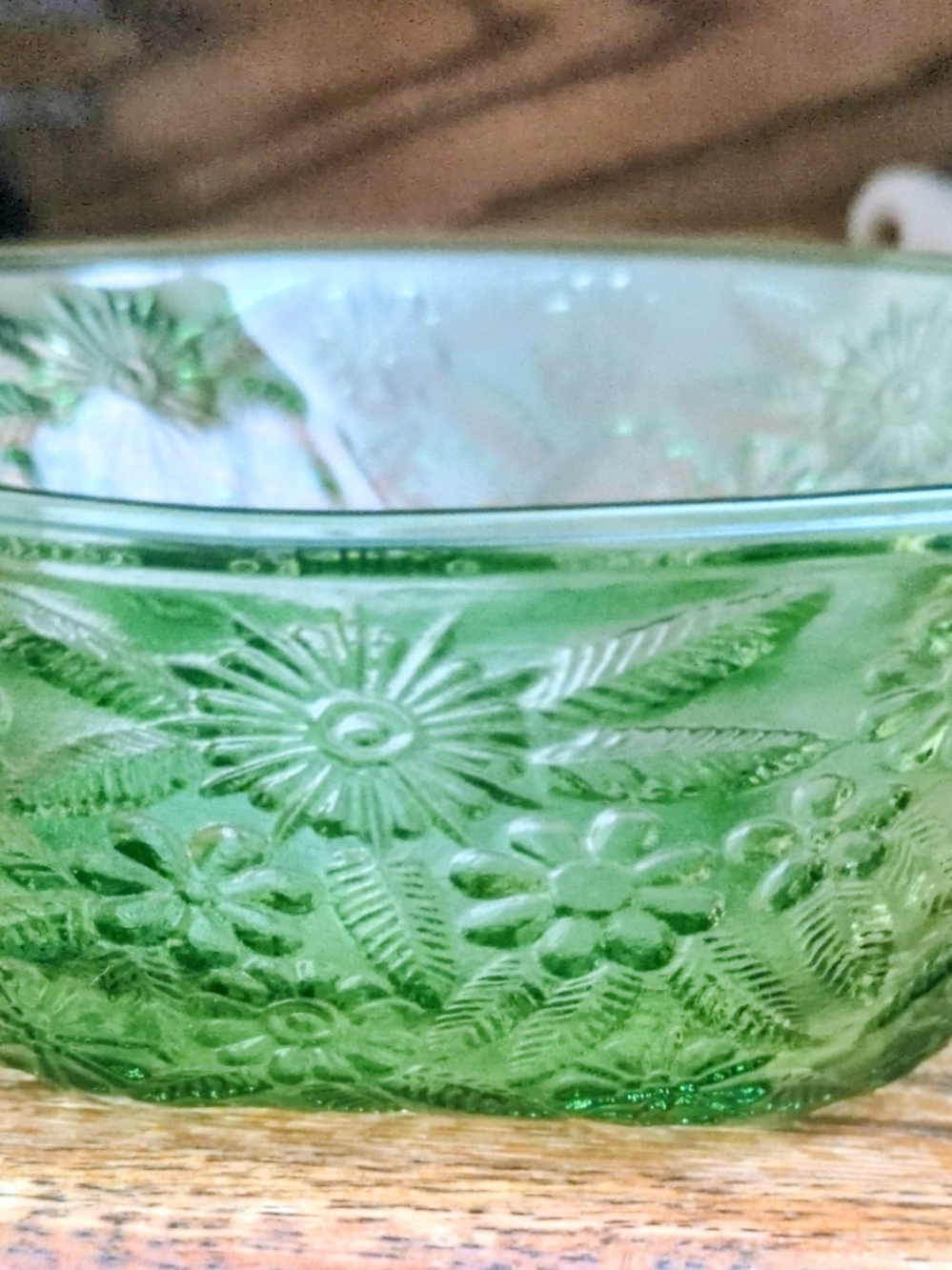 Vintage green Indiana Glass embossed floral serving bowl.